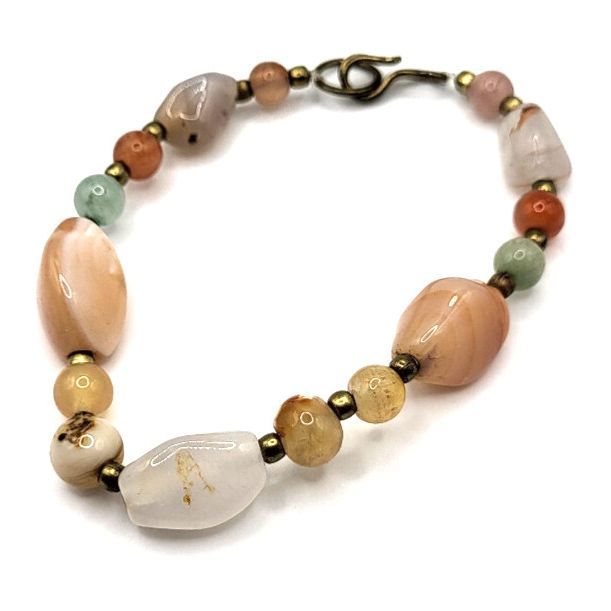 Estate Bohemian Orange Green Brass Agate Bracelet Chunky 8in